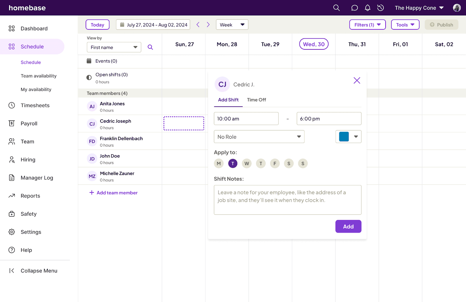 How to add a shift in Homebase