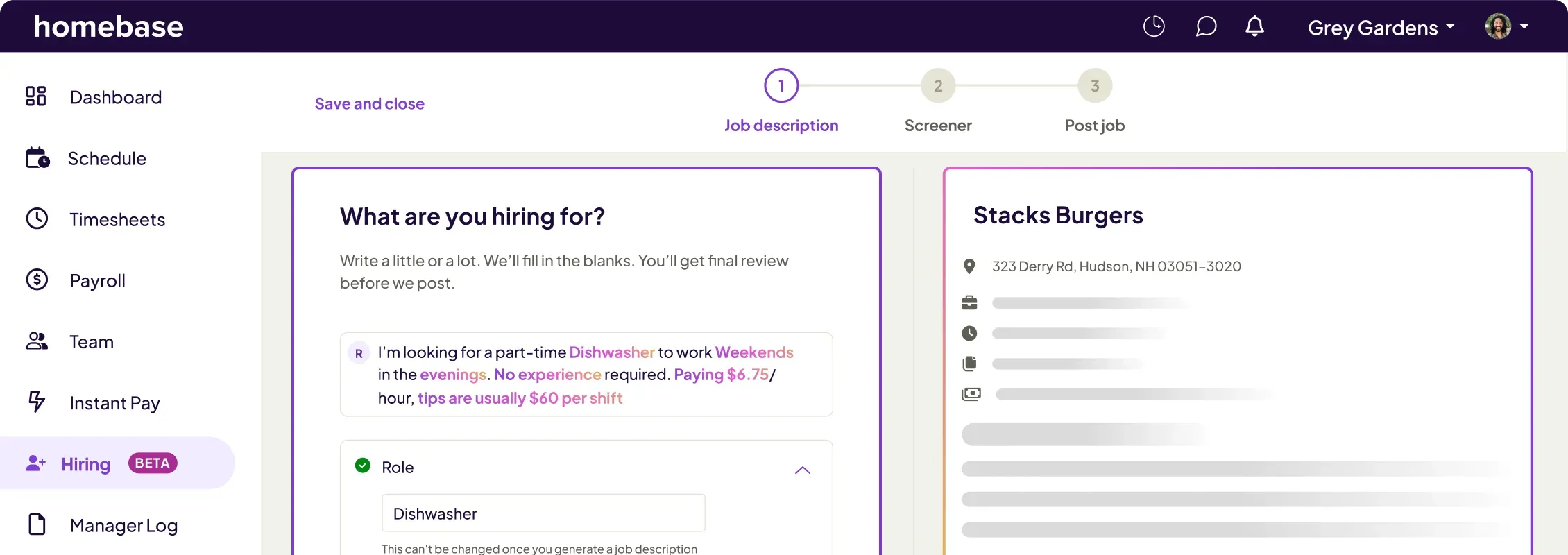 Homebase hiring dashboard showing a job description for a part-time dishwasher at Stacks Burgers, with details on pay, schedule, and location.