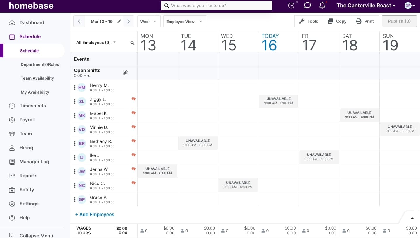 A screenshot of Homebase's schedule builder.