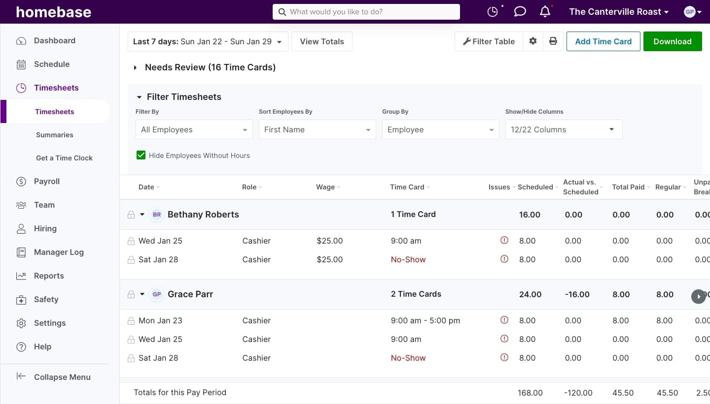 A screenshot of Homebase's timesheets interface.